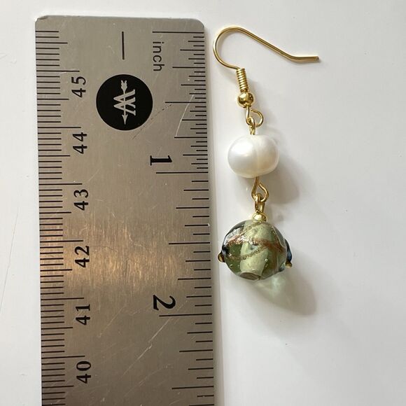 Artisan Handcrafted Green Wedding Cake Bead Freshwater Pearl Earrings Dangle - Picture 5 of 5